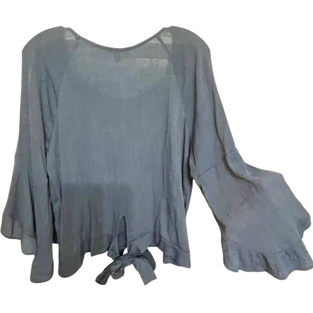 Moa Moa 3/4 raglan bell sleeve plisse crop top back hem tie chambray blue sz XL - Picture 2 of 6